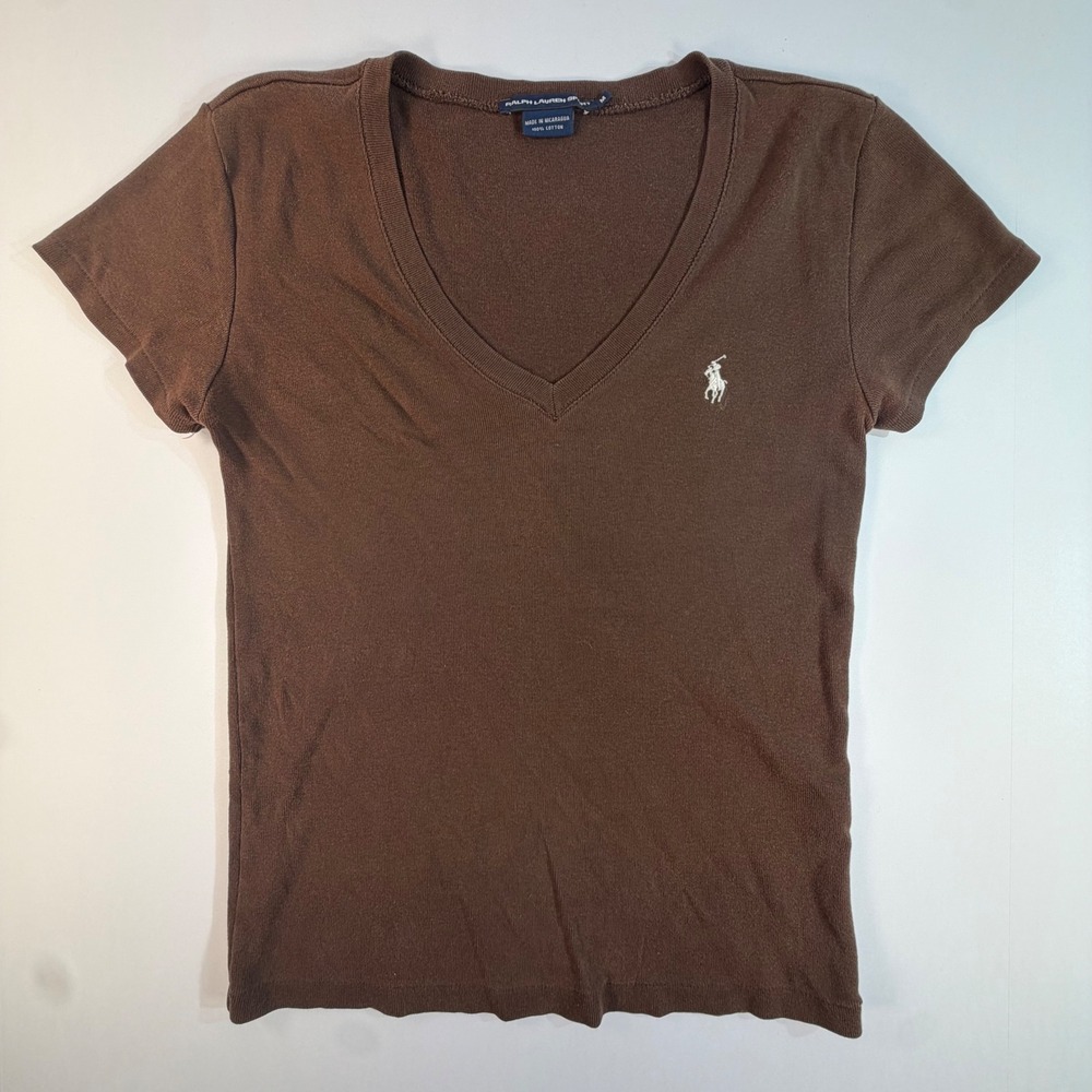 Ralph Lauren Sport Brown V-Neck T-Shirt Cotton Pony Logo Womens Medium